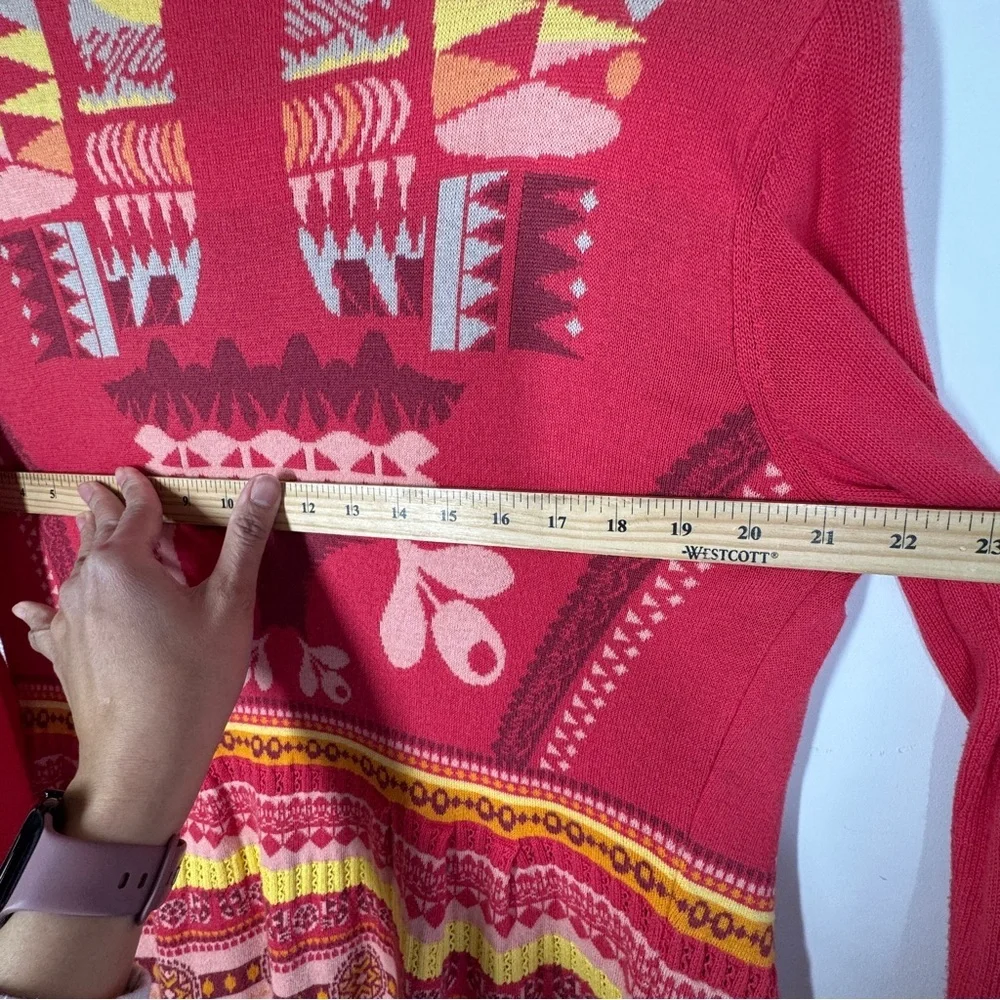 KOOI Knit Vibrant Red Orange Patterned Cardigan Nordic Fair Isle Zip Cotton - Picture 15 of 16